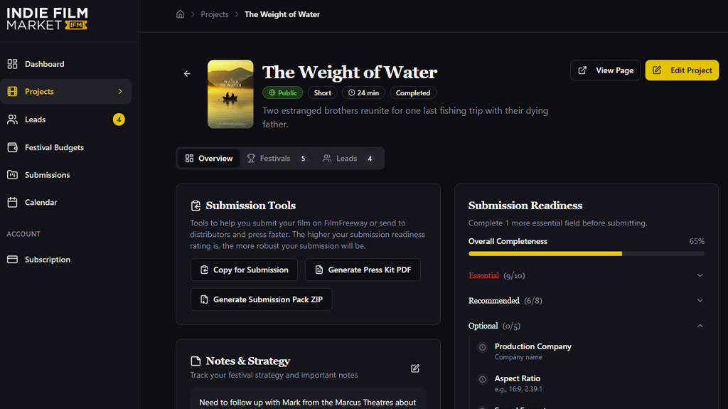 Film project dashboard